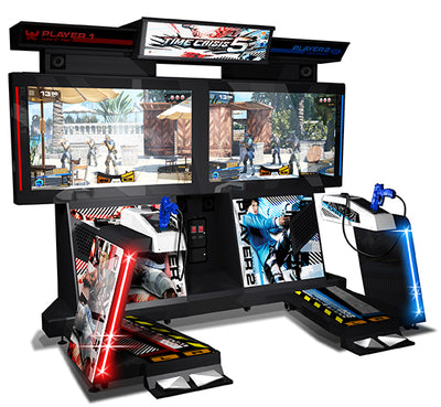 An image of the Time Crisis 5 arcade cabinet, featuring weapon stations for two-players and a new dual pedal system.